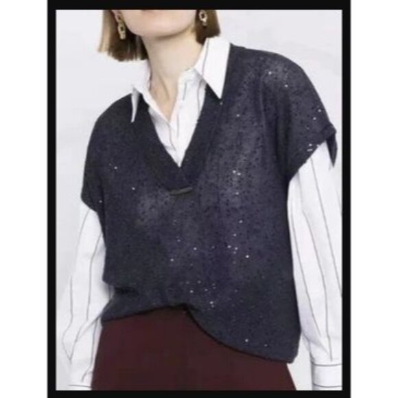 Brunello Cucinelli Sweaters - Brunello Cucinelli Monili & Sequin Linen Silk V-Neck Navy Sweater XXL